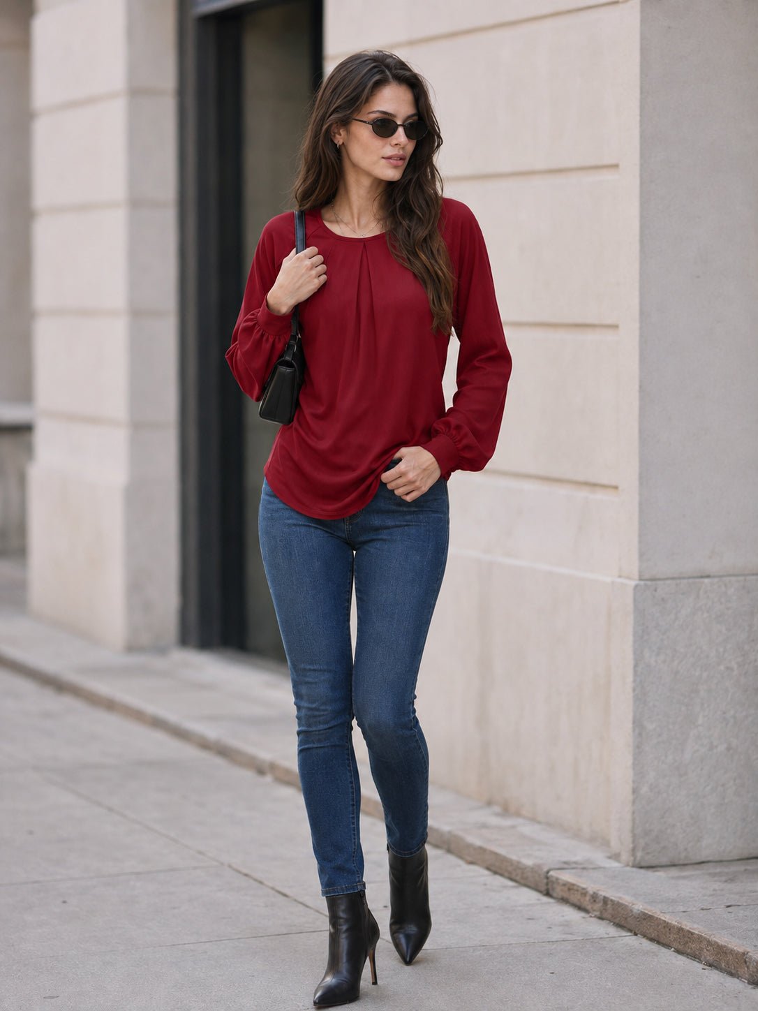 YUCOLEN Women's Lantern Sleeve Pleated Blouse Soft Cotton Rayon Dressy Casual Top in Vintage Red