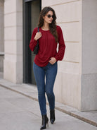 YUCOLEN Women's Lantern Sleeve Pleated Blouse Soft Cotton Rayon Dressy Casual Top in Vintage Red