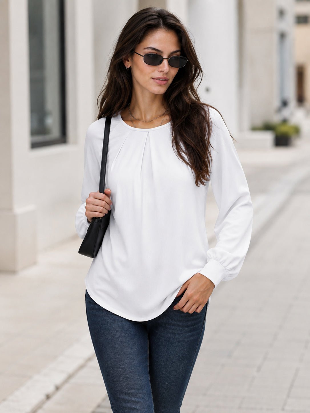 YUCOLEN Women's Lantern Sleeve Pleated Blouse Soft Cotton Rayon Dressy Casual Top in White