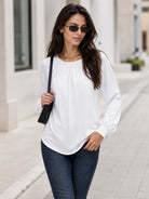 YUCOLEN Women's Lantern Sleeve Pleated Blouse Soft Cotton Rayon Dressy Casual Top in White