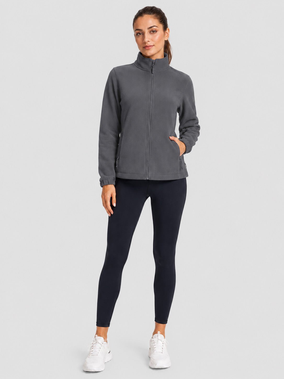 YUCOLEN Women's Lightweight Full Zip Fleece Jacket Windproof Stand Collar Outdoor Sweatshirt in Charcoal Gray