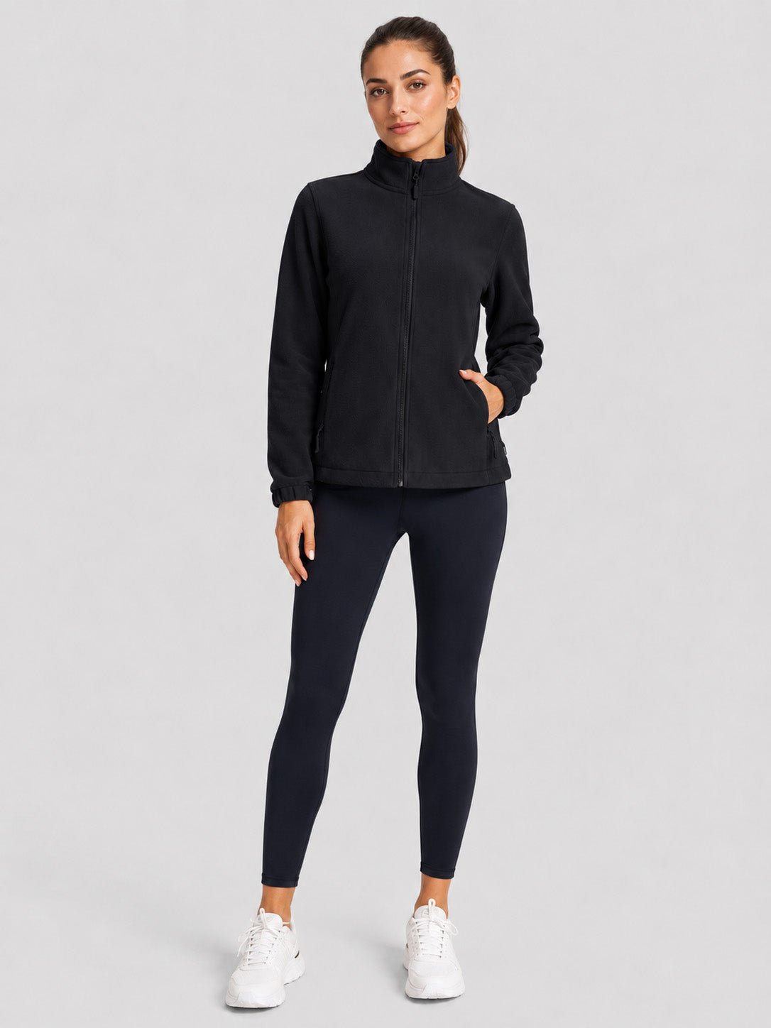YUCOLEN Women's Lightweight Full Zip Fleece Jacket Windproof Stand Collar Outdoor Sweatshirt in Black