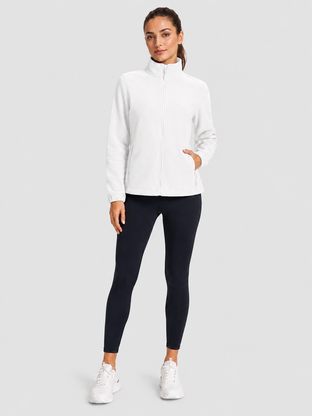 YUCOLEN Women's Lightweight Full Zip Fleece Jacket Windproof Stand Collar Outdoor Sweatshirt in White