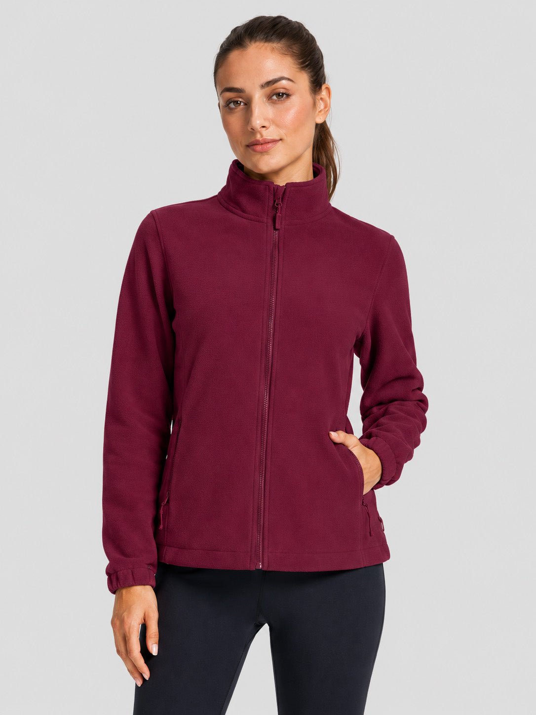 YUCOLEN Women's Lightweight Full Zip Fleece Jacket Windproof Stand Collar Outdoor Sweatshirt in Wine Red