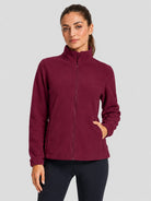 YUCOLEN Women's Lightweight Full Zip Fleece Jacket Windproof Stand Collar Outdoor Sweatshirt in Wine Red