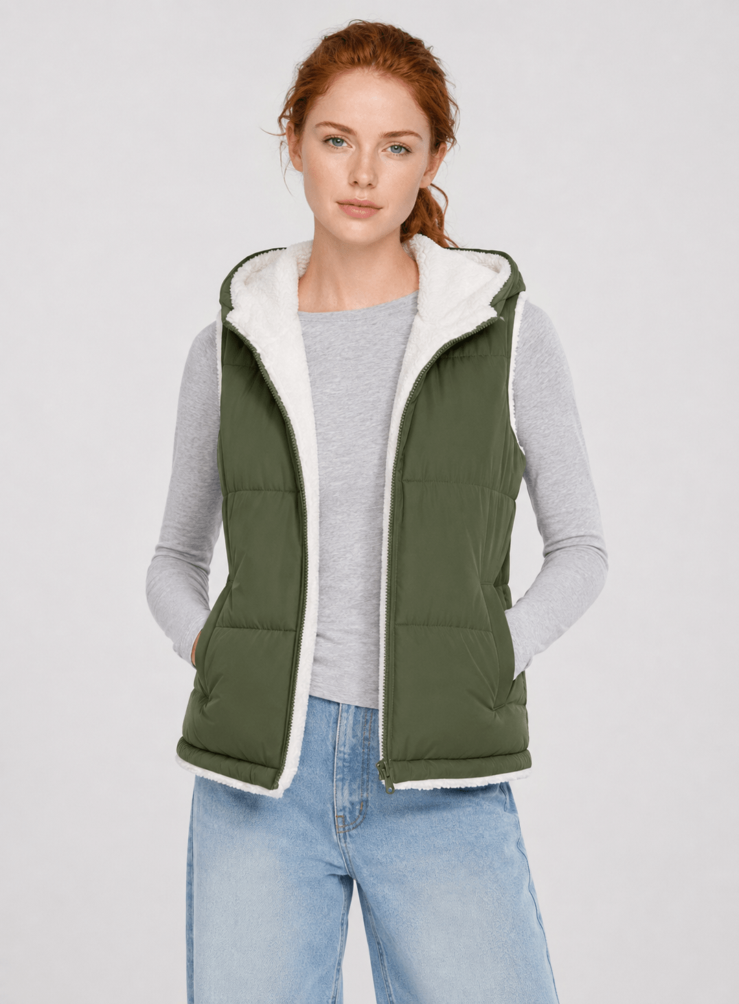 YUCOLEN Women's Reversible Puffer Fleece Lined Hooded Vest in Army Green