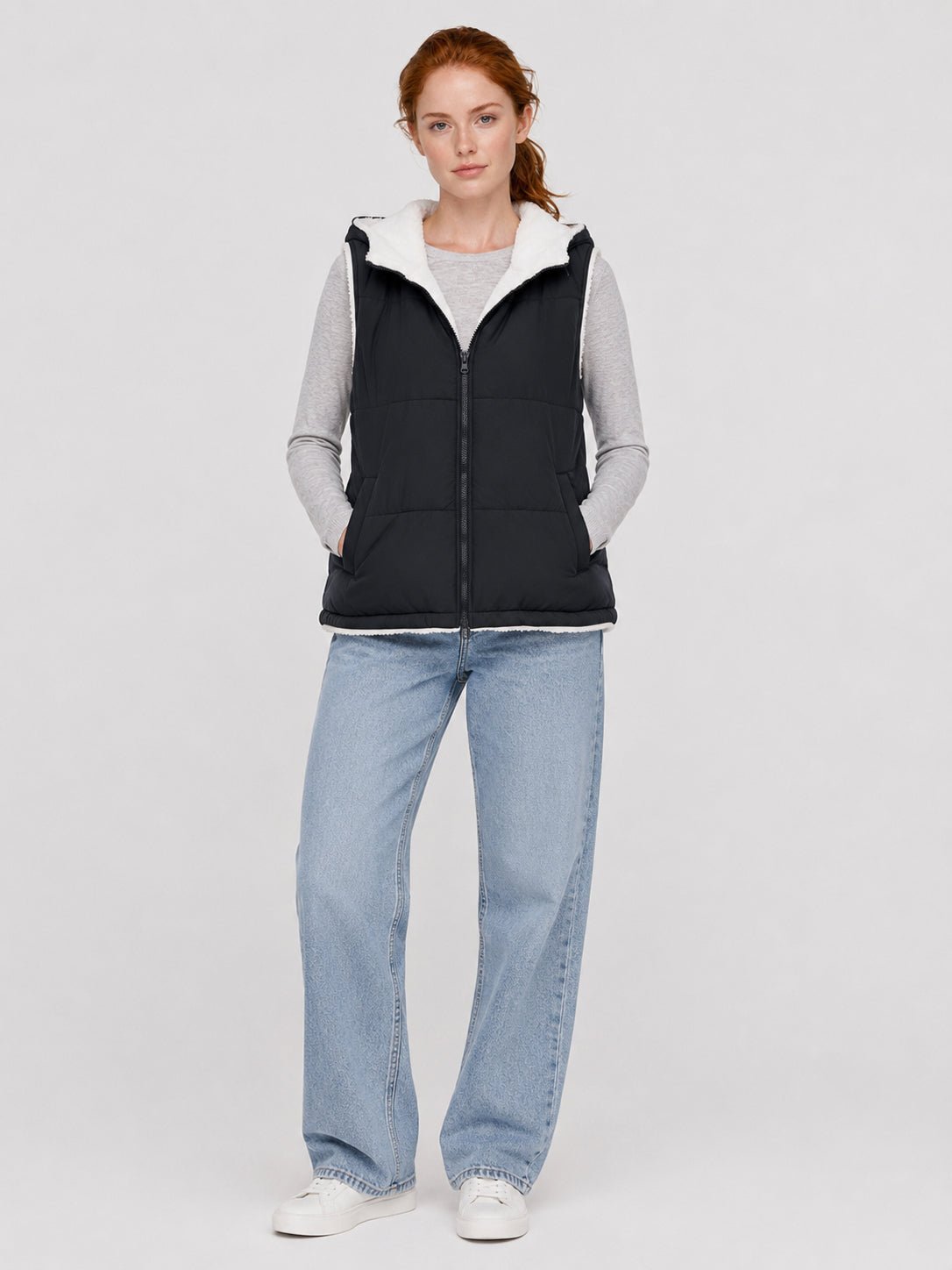 YUCOLEN Women's Reversible Puffer Fleece Lined Hooded Vest in Black
