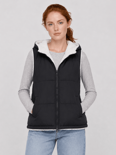 YUCOLEN Women's Reversible Puffer Fleece Lined Hooded Vest in Black