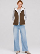 YUCOLEN Women's Reversible Puffer Fleece Lined Hooded Vest in Coffee