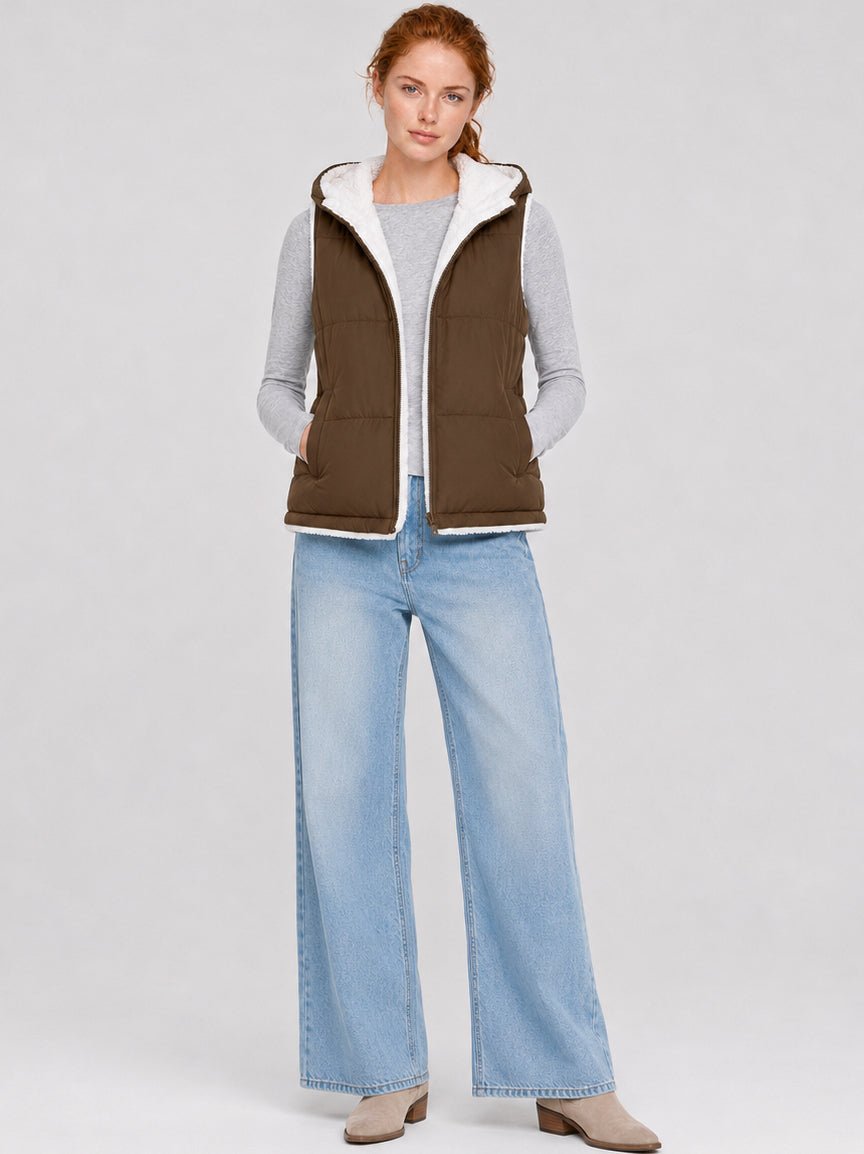 YUCOLEN Women's Reversible Puffer Fleece Lined Hooded Vest in Coffee