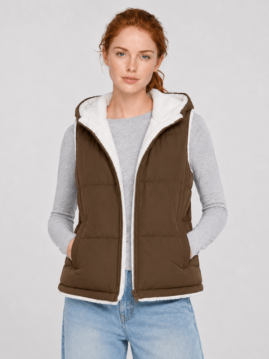 YUCOLEN Women's Reversible Puffer Fleece Lined Hooded Vest in Coffee