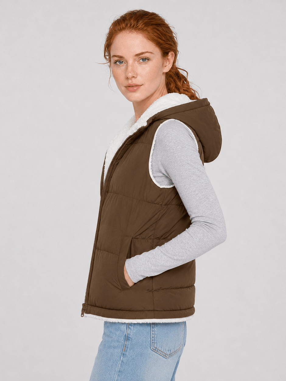 YUCOLEN Women's Reversible Puffer Fleece Lined Hooded Vest in Coffee