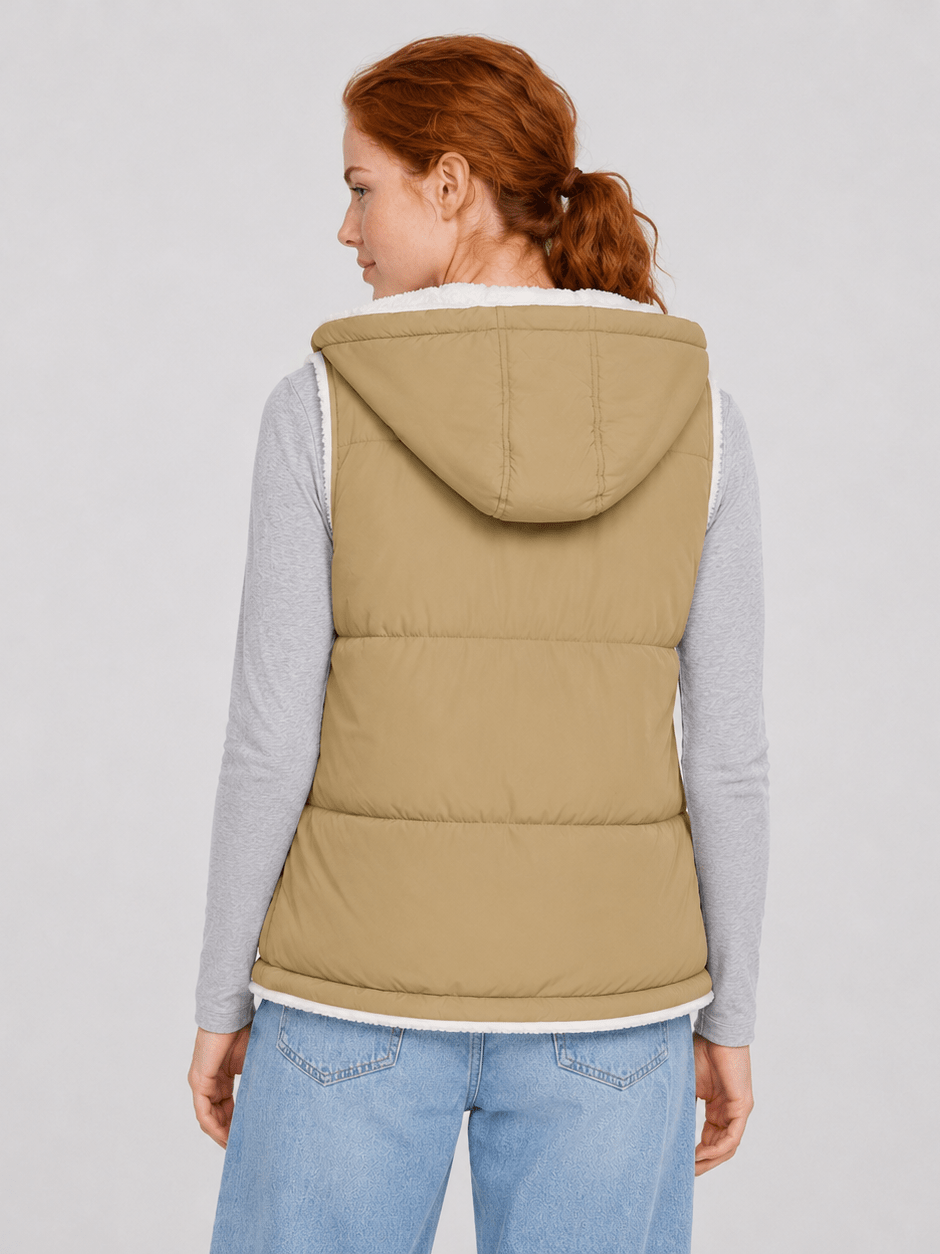 YUCOLEN Women's Reversible Puffer Fleece Lined Hooded Vest in Khaki
