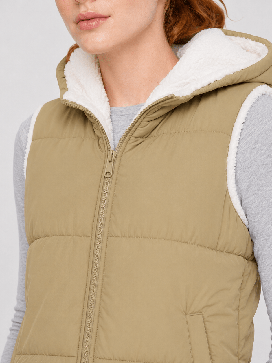 YUCOLEN Women's Reversible Puffer Fleece Lined Hooded Vest in Khaki