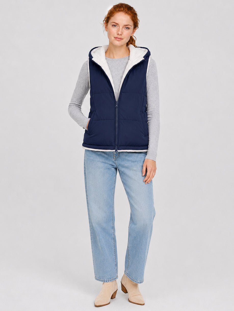 YUCOLEN Women's Reversible Puffer Fleece Lined Hooded Vest in Navy