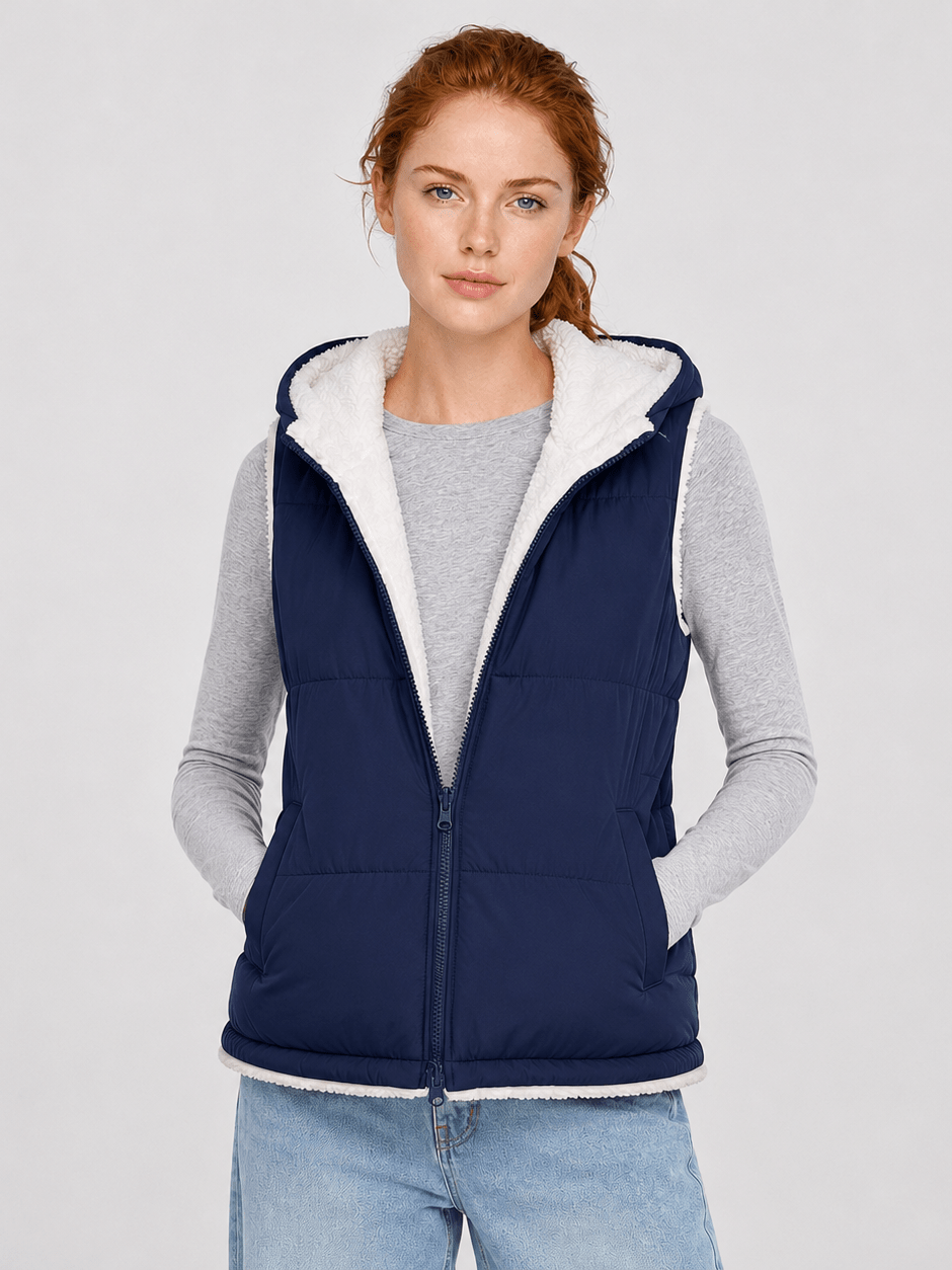 YUCOLEN Women's Reversible Puffer Fleece Lined Hooded Vest in Navy