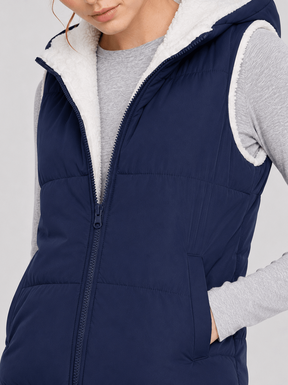 YUCOLEN Women's Reversible Puffer Fleece Lined Hooded Vest in Navy