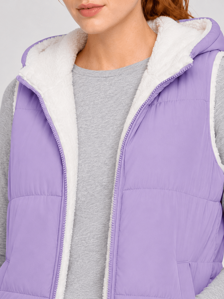 YUCOLEN Women's Reversible Puffer Fleece Lined Hooded Vest in Taro Purple