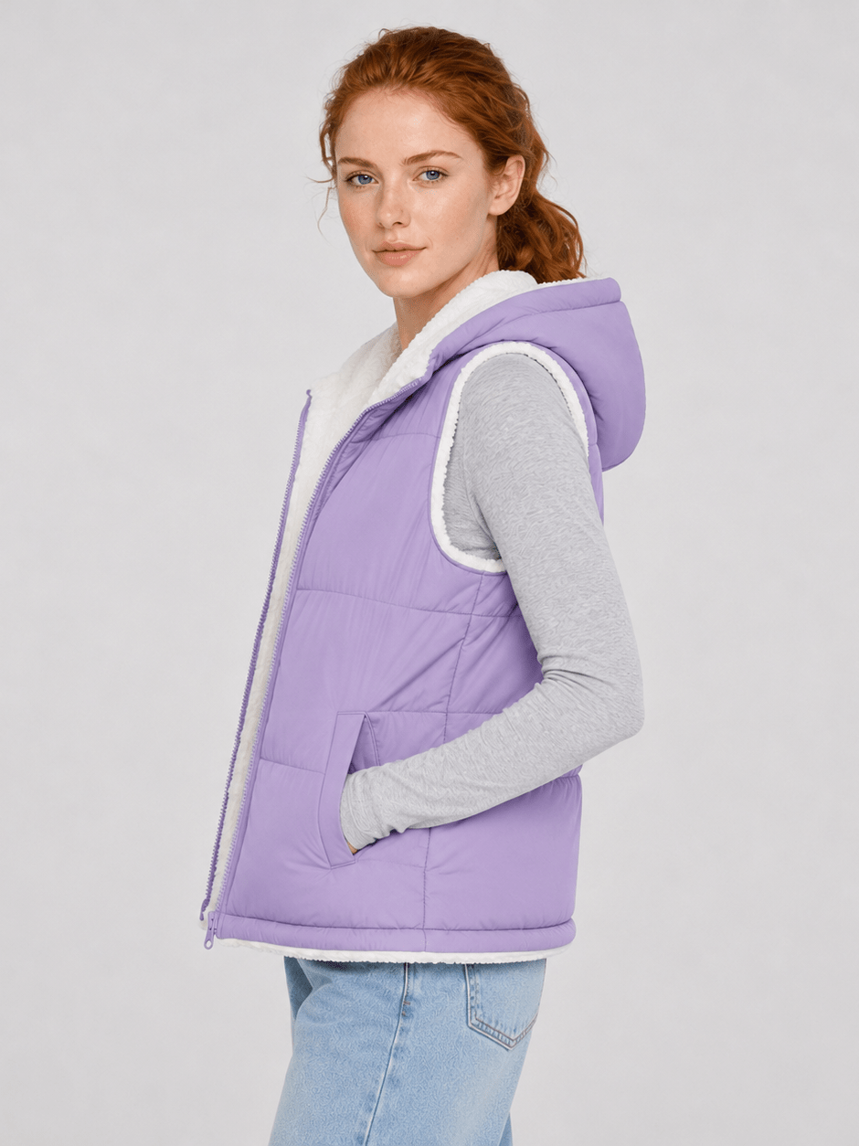 YUCOLEN Women's Reversible Puffer Fleece Lined Hooded Vest in Taro Purple