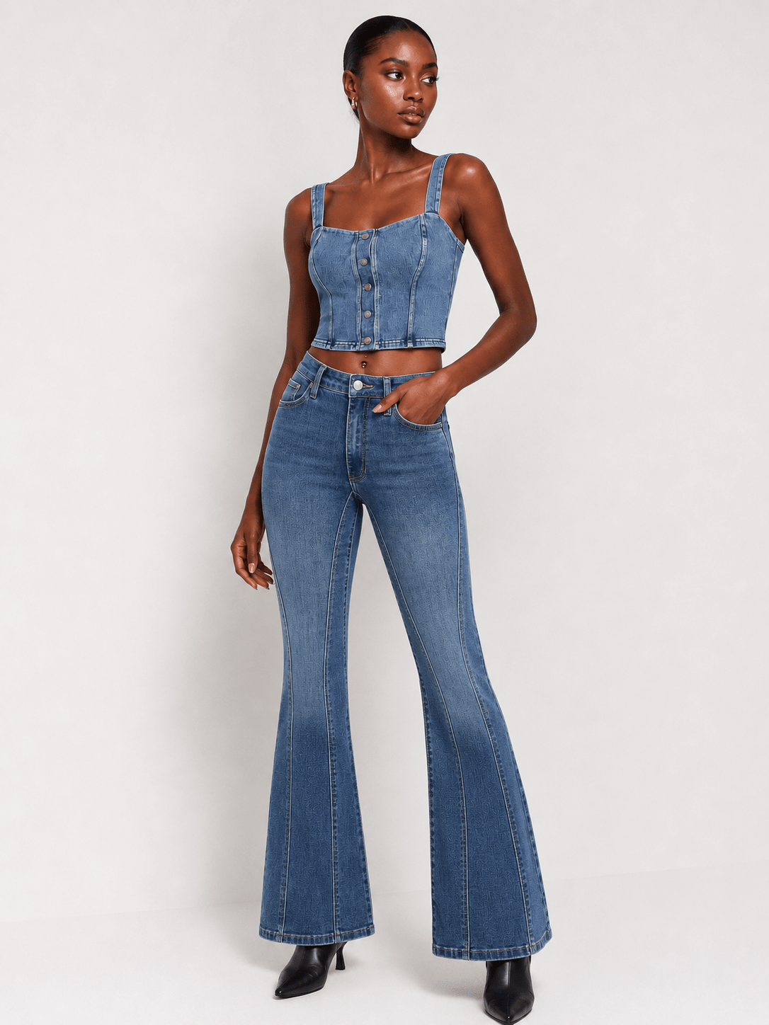 YUCOLEN Women's Stretchy Flare Jeans Slim Fit Bootcut Denim Pants in Medium Blue