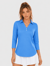 YUCOLEN Women's 3/4 Sleeve Polo Shirt UPF 50+ Sun Protection V Neck Golf Top in Azure