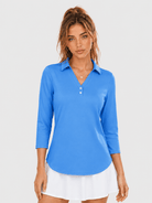 YUCOLEN Women's 3/4 Sleeve Polo Shirt UPF 50+ Sun Protection V Neck Golf Top in Azure