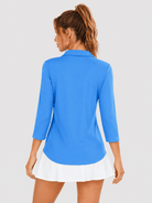 YUCOLEN Women's 3/4 Sleeve Polo Shirt UPF 50+ Sun Protection V Neck Golf Top in Azure