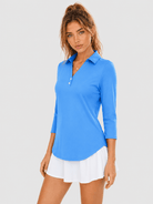 YUCOLEN Women's 3/4 Sleeve Polo Shirt UPF 50+ Sun Protection V Neck Golf Top in Azure