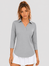 YUCOLEN Women's 3/4 Sleeve Polo Shirt UPF 50+ Sun Protection V Neck Golf Top in Light Gray