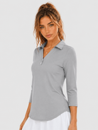 YUCOLEN Women's 3/4 Sleeve Polo Shirt UPF 50+ Sun Protection V Neck Golf Top in Light Gray