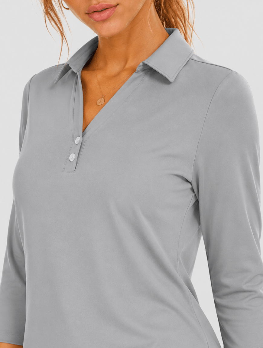 YUCOLEN Women's 3/4 Sleeve Polo Shirt UPF 50+ Sun Protection V Neck Golf Top in Light Gray