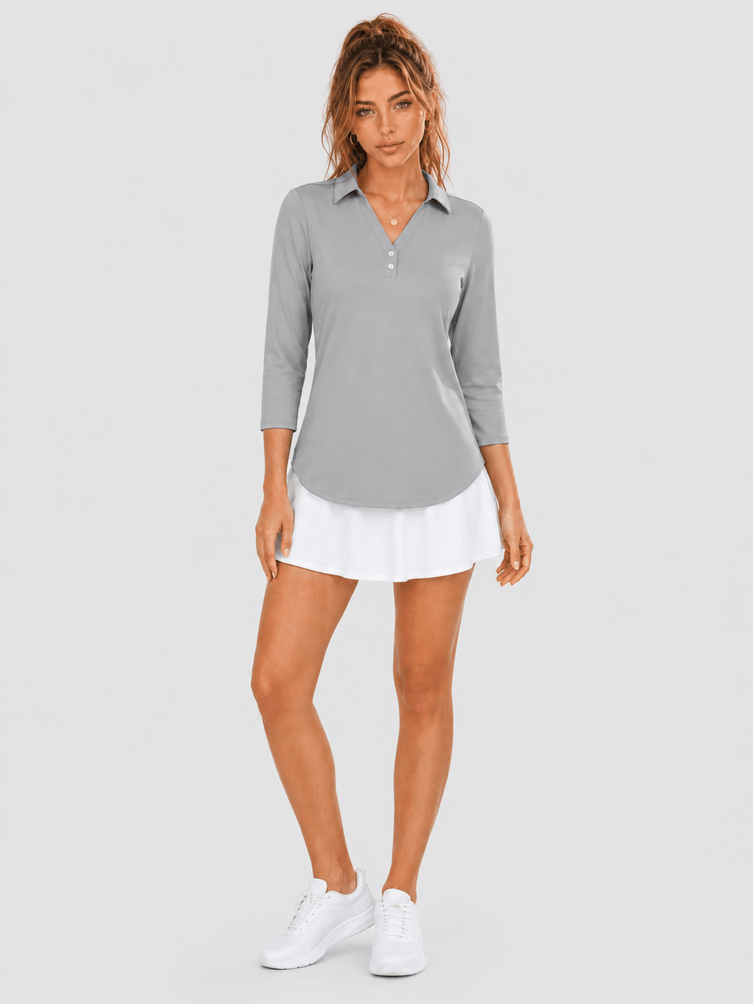 YUCOLEN Women's 3/4 Sleeve Polo Shirt UPF 50+ Sun Protection V Neck Golf Top in Light Gray