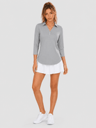 YUCOLEN Women's 3/4 Sleeve Polo Shirt UPF 50+ Sun Protection V Neck Golf Top in Light Gray