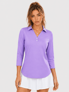 YUCOLEN Women's 3/4 Sleeve Polo Shirt UPF 50+ Sun Protection V Neck Golf Top in Light Purple