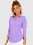 YUCOLEN Women's 3/4 Sleeve Polo Shirt UPF 50+ Sun Protection V Neck Golf Top in Light Purple