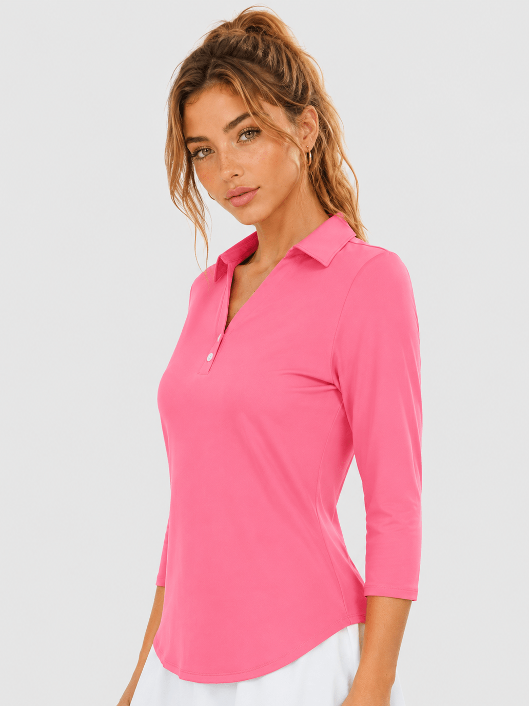YUCOLEN Women's 3/4 Sleeve Polo Shirt UPF 50+ Sun Protection V Neck Golf Top in Rose Red