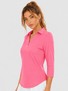 YUCOLEN Women's 3/4 Sleeve Polo Shirt UPF 50+ Sun Protection V Neck Golf Top in Rose Red