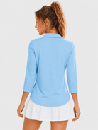 YUCOLEN Women's 3/4 Sleeve Polo Shirt UPF 50+ Sun Protection V Neck Golf Top in Sky Blue