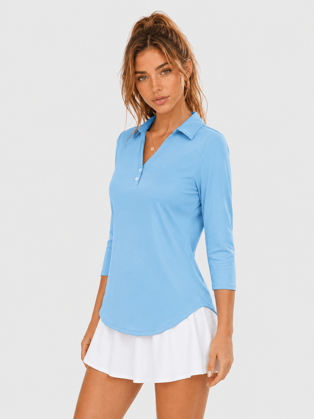 YUCOLEN Women's 3/4 Sleeve Polo Shirt UPF 50+ Sun Protection V Neck Golf Top in Sky Blue