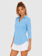 YUCOLEN Women's 3/4 Sleeve Polo Shirt UPF 50+ Sun Protection V Neck Golf Top in Sky Blue