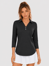 YUCOLEN Women's 3/4 Sleeve Polo Shirt UPF 50+ Sun Protection V Neck Golf Top in Black