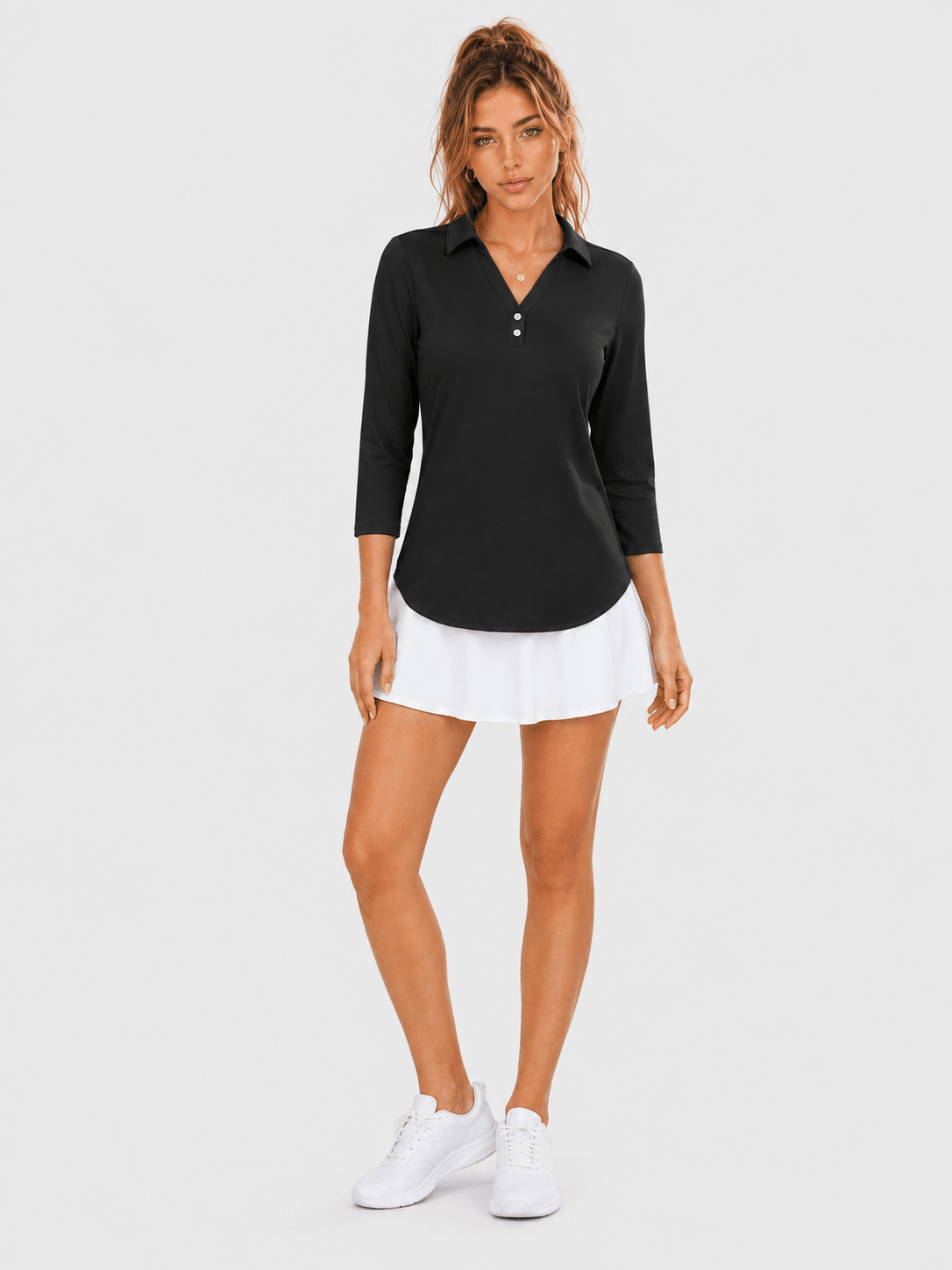YUCOLEN Women's 3/4 Sleeve Polo Shirt UPF 50+ Sun Protection V Neck Golf Top in Black