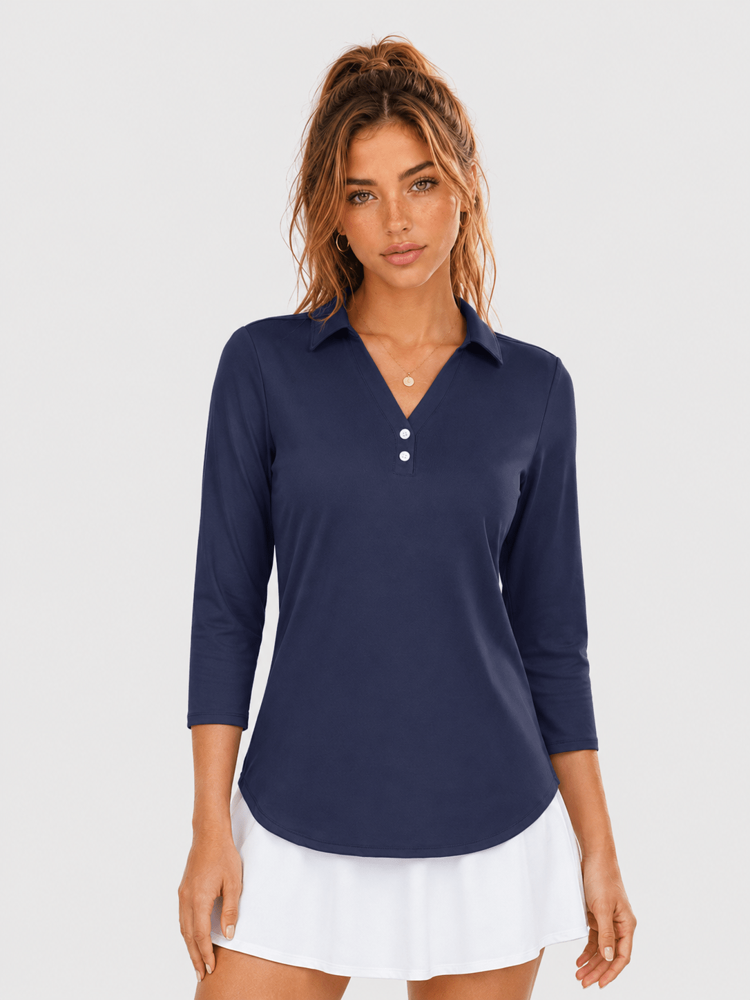 YUCOLEN Women's 3/4 Sleeve Polo Shirt UPF 50+ Sun Protection V Neck Golf Top in Navy