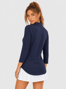 YUCOLEN Women's 3/4 Sleeve Polo Shirt UPF 50+ Sun Protection V Neck Golf Top in Navy