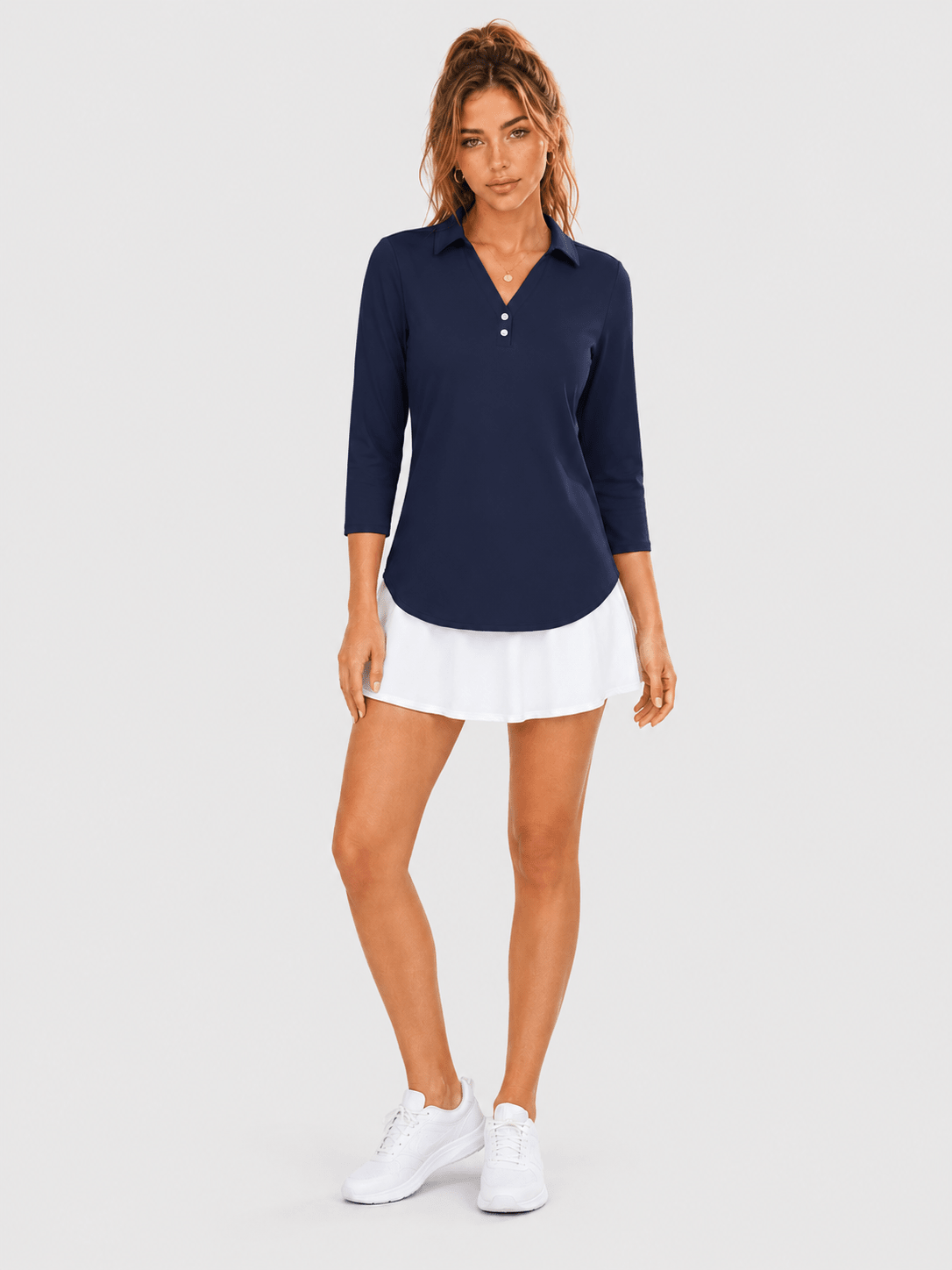 YUCOLEN Women's 3/4 Sleeve Polo Shirt UPF 50+ Sun Protection V Neck Golf Top in Navy