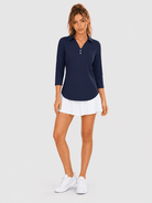 YUCOLEN Women's 3/4 Sleeve Polo Shirt UPF 50+ Sun Protection V Neck Golf Top in Navy