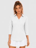 YUCOLEN Women's 3/4 Sleeve Polo Shirt UPF 50+ Sun Protection V Neck Golf Top in White