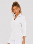 YUCOLEN Women's 3/4 Sleeve Polo Shirt UPF 50+ Sun Protection V Neck Golf Top in White