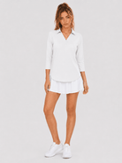YUCOLEN Women's 3/4 Sleeve Polo Shirt UPF 50+ Sun Protection V Neck Golf Top in White