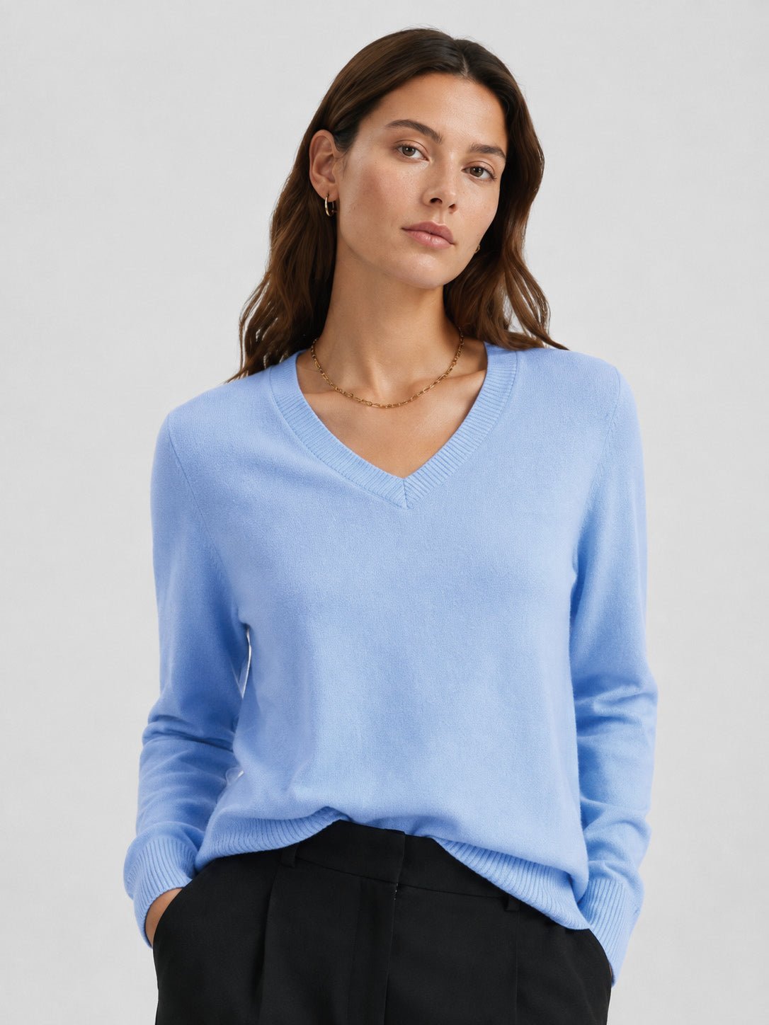 YUCOLEN Women's V Neck Lightweight Sweater Soft Artificial Wool Blend Pullover Top in Light Blue